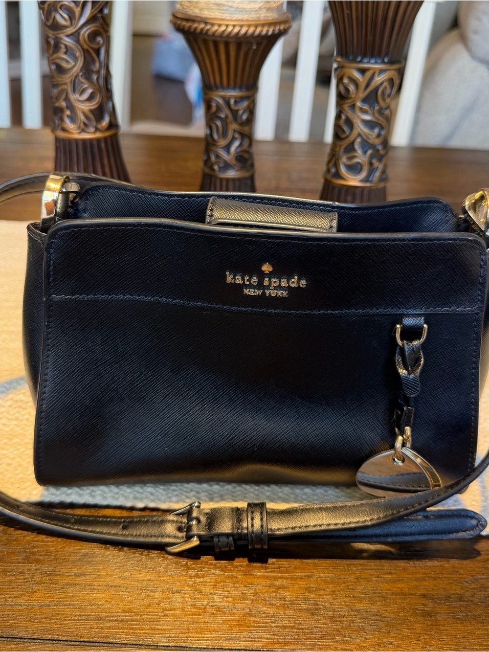 kate spade Black Leather Crossbody with Gold Accent